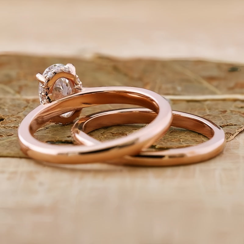 14K Gold Lab Grown Diamond CVD 2CT Oval-Cut Halo Half Etrenity Engagement Ring Set