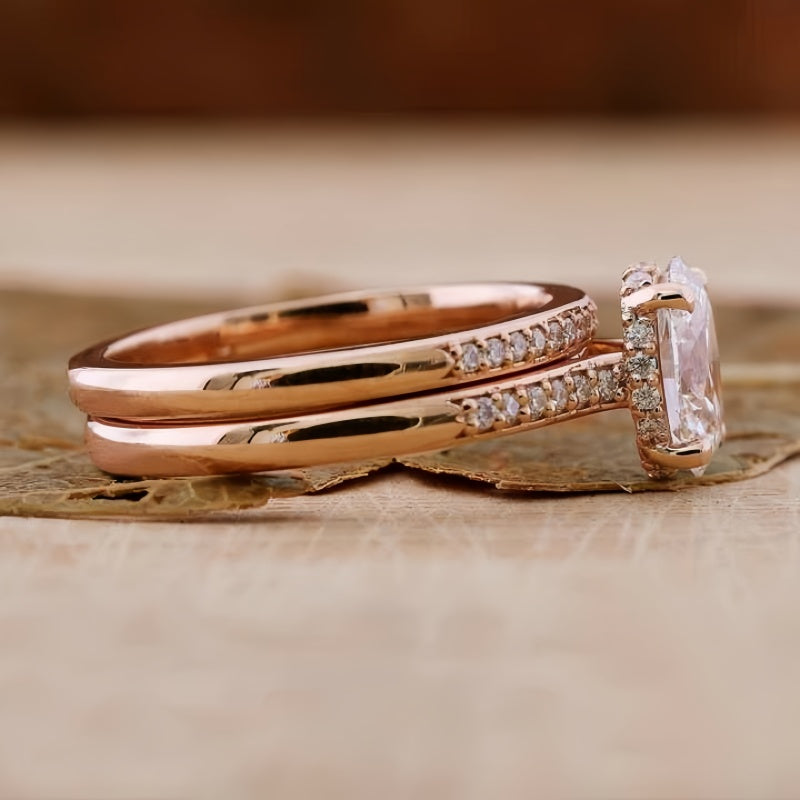 14K Gold Lab Grown Diamond CVD 2CT Oval-Cut Halo Half Etrenity Engagement Ring Set