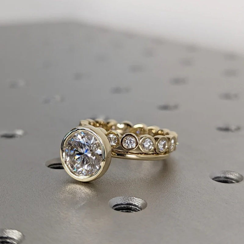 18k Gold Lab Grown Diamond CVD 3CT Round-Cut Solitaire Bezel Ring