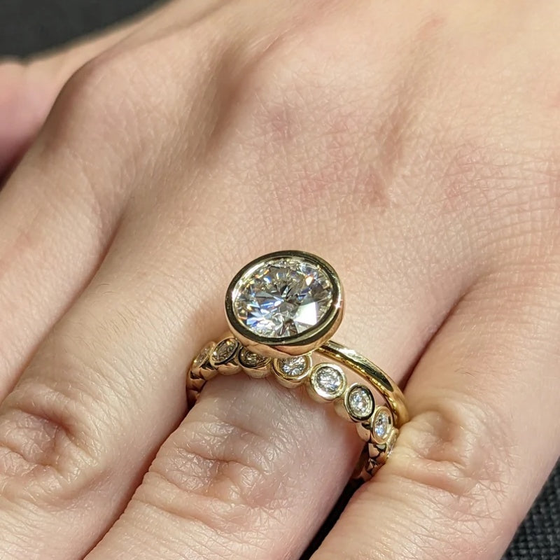 18k Gold Lab Grown Diamond CVD 3CT Round-Cut Solitaire Bezel Ring