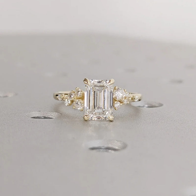 14K Gold Lab Grown Diamond CVD 2CT Emerald-Cut Four Prong Three Side Stone Engagement Ring
