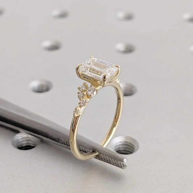 14K Gold Lab Grown Diamond CVD 2CT Emerald-Cut Four Prong Three Side Stone Engagement Ring