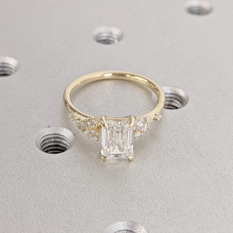 14K Gold Lab Grown Diamond CVD 2CT Emerald-Cut Four Prong Three Side Stone Engagement Ring