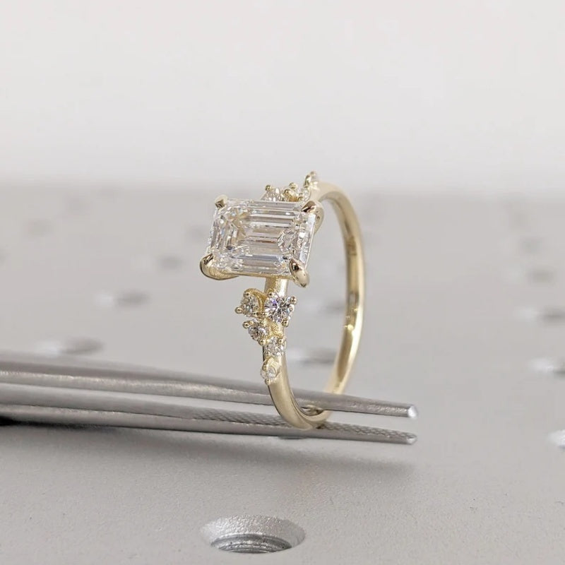 14K Gold Lab Grown Diamond CVD 2CT Emerald-Cut Four Prong Three Side Stone Engagement Ring