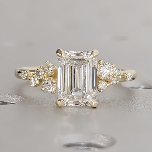 14K Gold Lab Grown Diamond CVD 2CT Emerald-Cut Niche Luxury Style Anniversary Ring