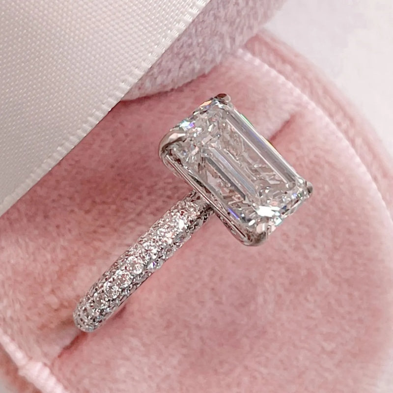 14K Gold Lab Grown Diamond CVD 2CT Emerald-Cut Hidden Halo Engagement Ring For Women