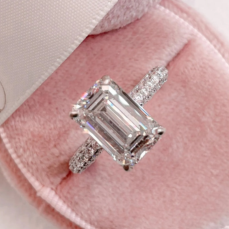 14K Gold Lab Grown Diamond CVD 2CT Emerald-Cut Hidden Halo Engagement Ring For Women