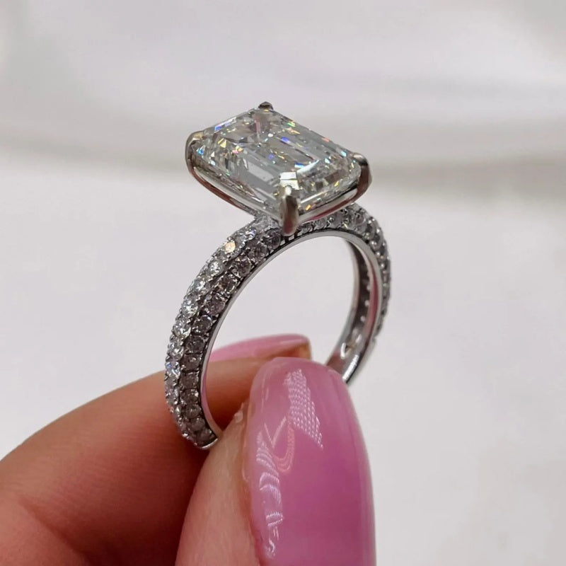 14K Gold Lab Grown Diamond CVD 2CT Emerald-Cut Hidden Halo Engagement Ring For Women