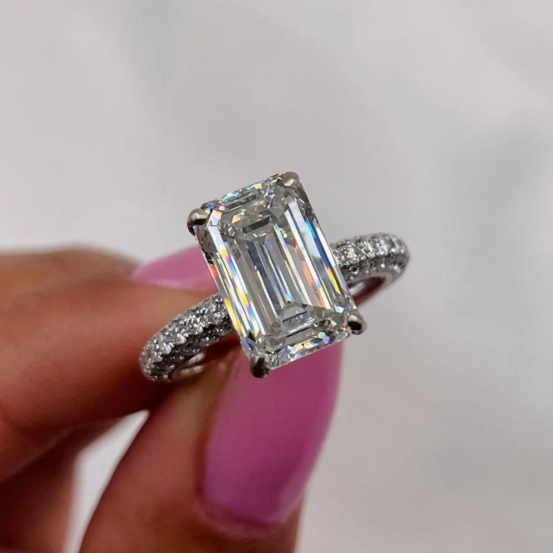 14K Gold Lab Grown Diamond CVD 2CT Emerald-Cut Hidden Halo Engagement Ring For Women