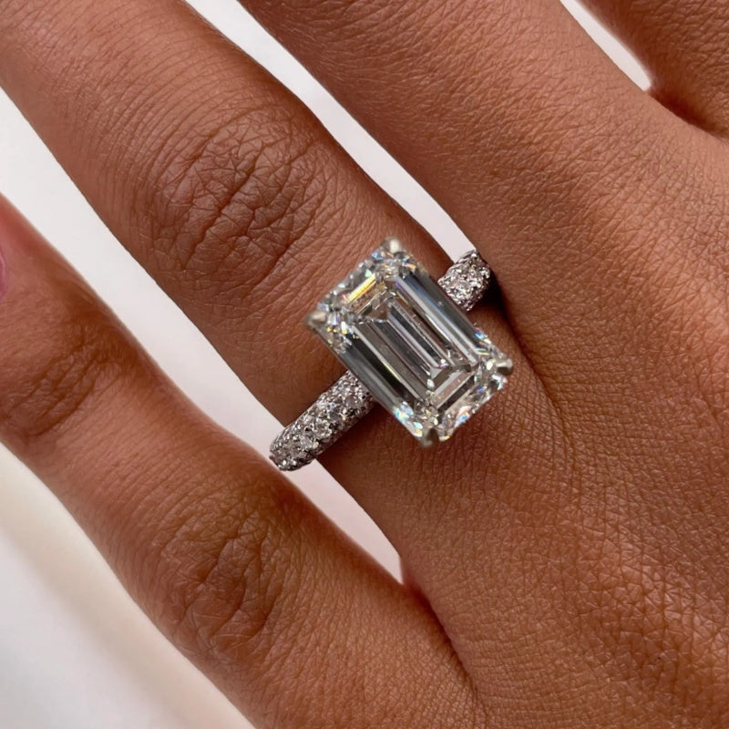 14K Gold Lab Grown Diamond CVD 2CT Emerald-Cut Hidden Halo Engagement Ring For Women