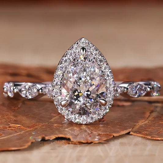 10K Gold Lab Grown Diamond CVD 1CT Pear-Cut Vintage Halo Bridal Promise Ring