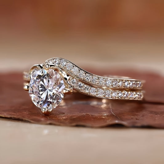 10K Gold Lab Grown Diamond CVD 1CT Round-Cut Half Eternity Curved Wedding Ring Set