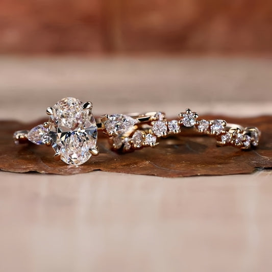 10K Gold Lab Grown Diamond CVD 2CT Oval-Cut Art Deco Bridal Vintage Ring Set