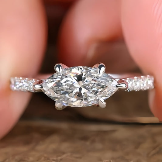 10K Gold Lab Grown Diamond CVD 1CT Marquise-Cut Six Prong Promise Ring Anniversary Gift for Her