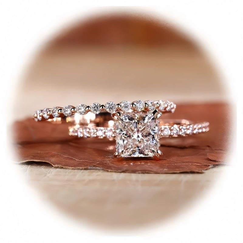 10K Gold Lab Grown Diamond CVD 1CT Princess-Cut Dainty Promise Ring Set Christmas Gift
