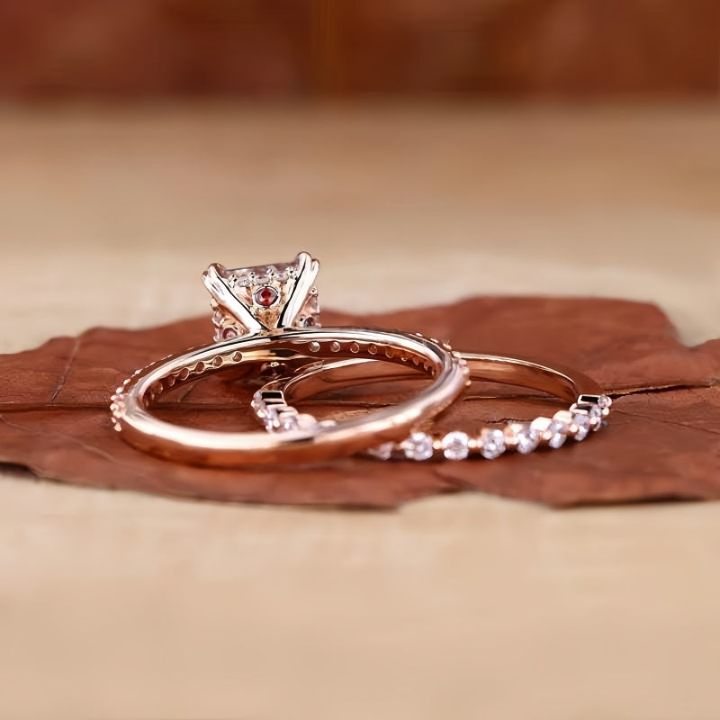 10K Gold Lab Grown Diamond CVD 1CT Princess-Cut Dainty Promise Ring Set Christmas Gift