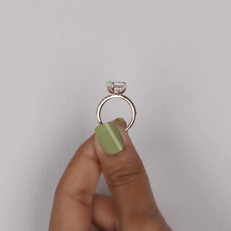 14K Gold Lab Grown Diamond CVD 2CT Radiant-Cut Hidden Halo Pave Promise Ring