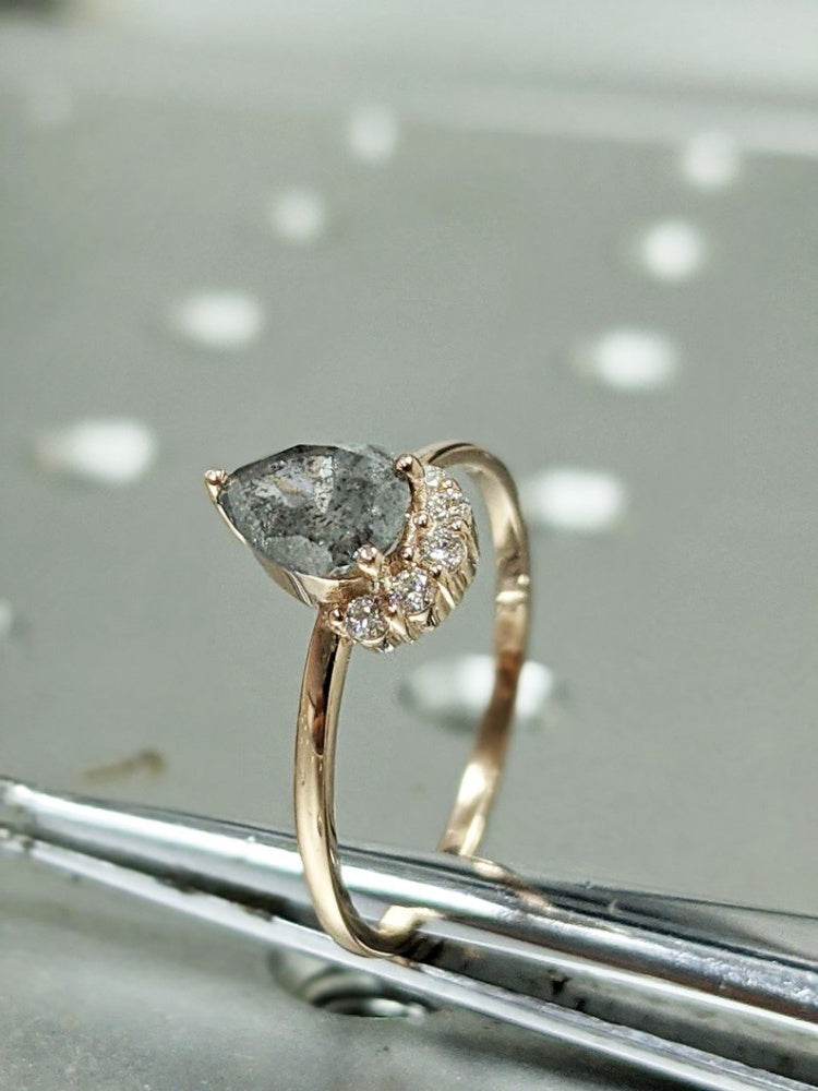 18k Gold Raw Salt and Pepper Diamond 1CT Pear-Cut Unique Engagement Ring