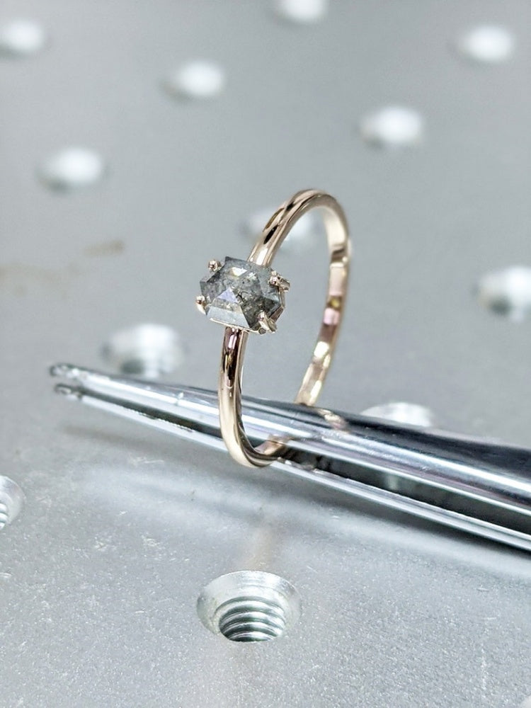 18k Gold Raw Salt and Pepper Diamond Unique  Hexagon Custom Handmade Engagement Ring