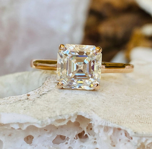 14K Gold Lab Grown Diamond CVD 2CT Asscher-Cut Cathedral Design Engagement Ring