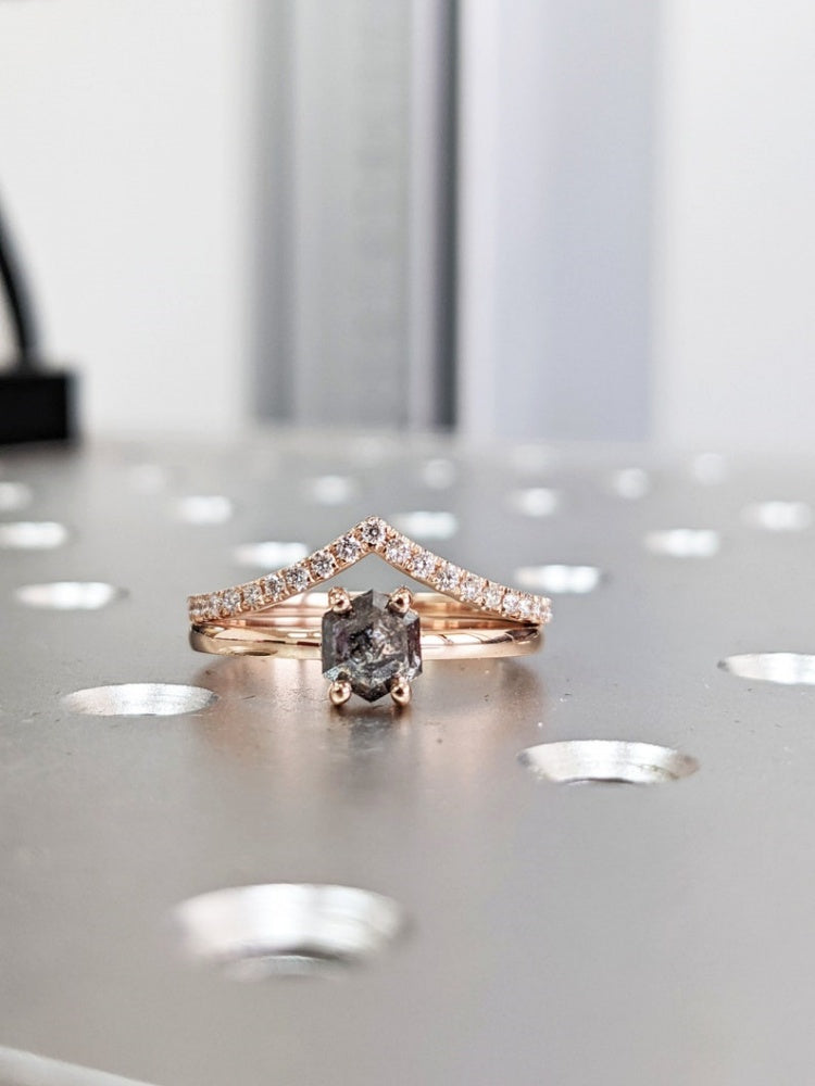 18k Gold Raw Salt and Pepper Diamond Hexagon-Cut Custom Handmade Unique Engagement Ring Bridal Set