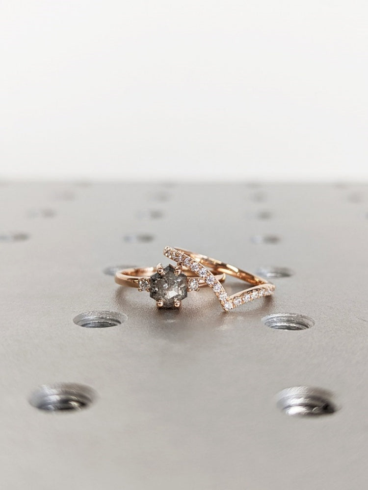 18k Gold Raw Salt and Pepper Diamond Hexagon-Cut Unique Engagement Ring Set