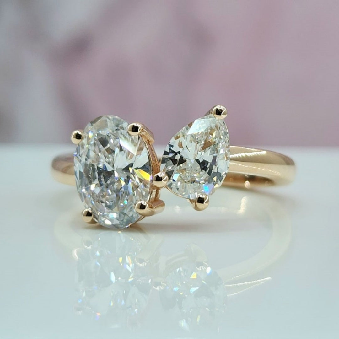 18K Gold Lab Grown Diamond CVD Oval and Pear-Cut Toi Et Moi Ring Perfect Gift For Her