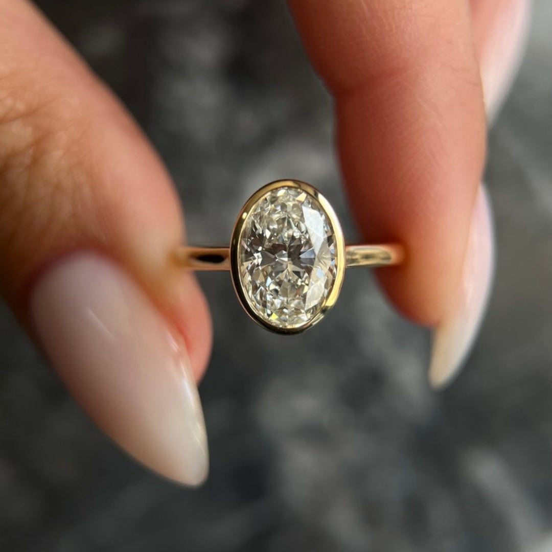 18K Gold Lab Grown Diamond CVD 2CT Oval-Cut Bezel Classic Wedding Ring