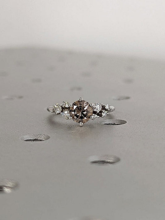 18k Gold Raw Salt and Pepper Diamond 0.5CT Round-Cut 6 Prong Vintage Brown Diamonds Engagement Ring