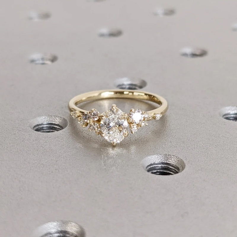 10K Gold Lab Grown Diamond CVD 2CT Oval-Cut Unique Snowdrift 6 Prongs Engagement Ring