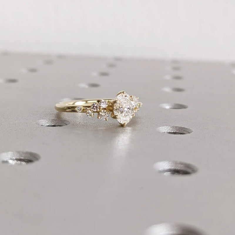 10K Gold Lab Grown Diamond CVD 2CT Oval-Cut Unique Snowdrift 6 Prongs Engagement Ring