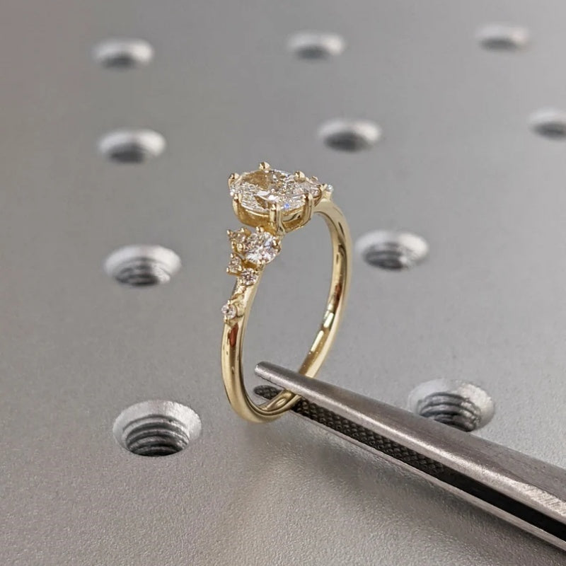 10K Gold Lab Grown Diamond CVD 2CT Oval-Cut Unique Snowdrift 6 Prongs Engagement Ring