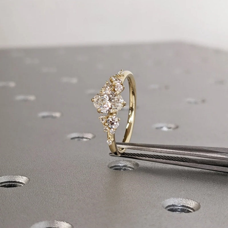 10K Gold Lab Grown Diamond CVD 2CT Oval-Cut Unique Snowdrift 6 Prongs Engagement Ring