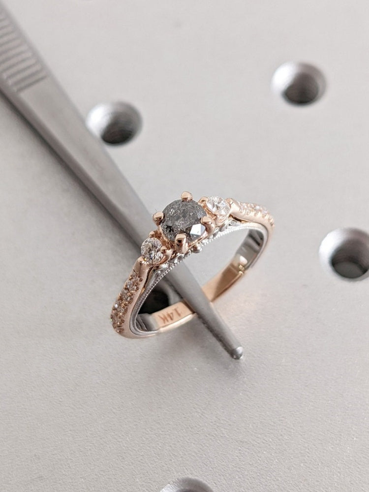 18k Gold Raw Salt and Pepper Diamond 1CT Round-Cut Two Tone Rose, White Gold Half Eternity Women Wedding Ring