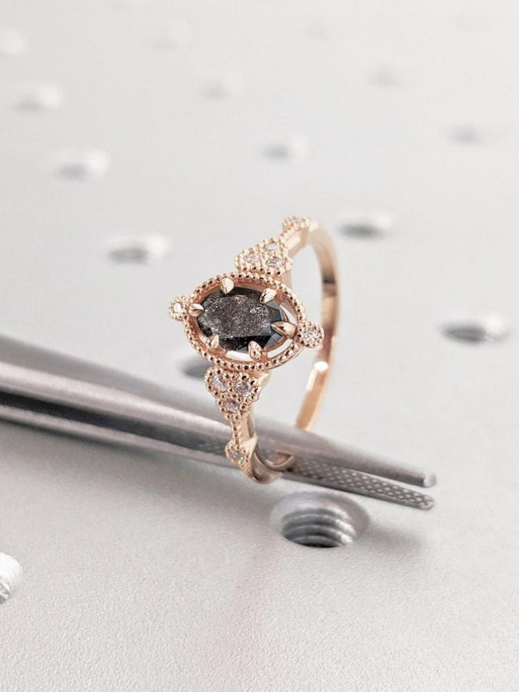 18k Gold Raw Salt and Pepper Diamond 1CT Oval-Cut Unique Women Promise Ring