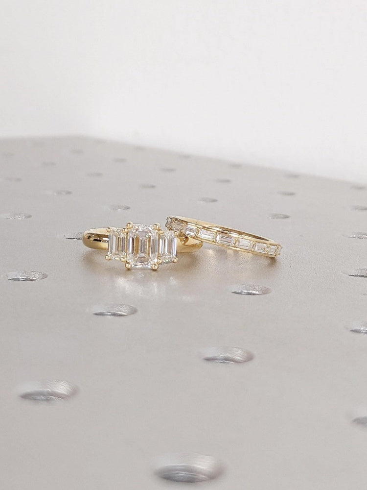 18K Gold Lab Grown Diamond CVD 1.5CT Emerald-Cut Engagement Ring Set For Proposal