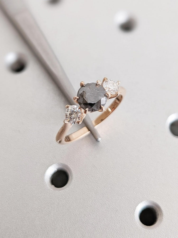 18k Gold Raw Salt and Pepper Diamond 1CT Round-Cut Rose Gold Polished Finished Three Stone Diamond Ring