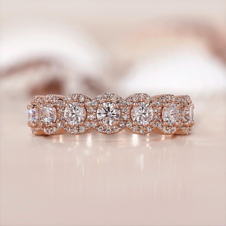 18k Gold Lab Grown Diamond CVD Round-Cut Seven Stone Halo Anniversary Ring