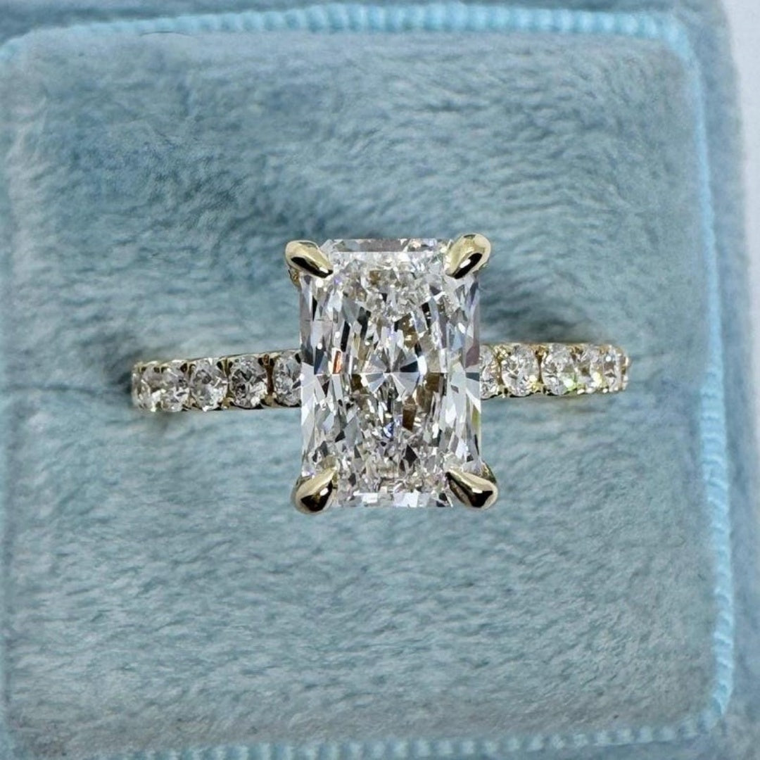 18K Gold Lab Grown Diamond CVD 2CT Radiant-Cut Hidden Halo Four Prong Promise Ring