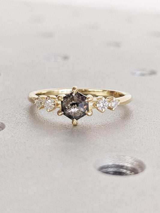 18k Gold Raw Salt and Pepper Diamond Vintage Hexagon Cut Diamond Ring