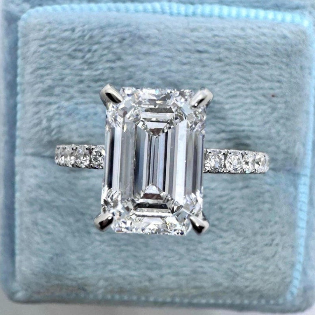 14K Gold Lab Grown Diamond CVD 3CT Emerald-Cut Four Prong Half Eternity Classic Ring