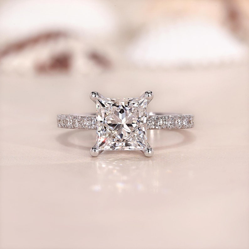10K Gold Lab Grown Diamond CVD 2CT Princess-Cut Pave Wedding Band Classic Ring