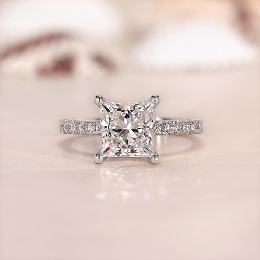 10K Gold Lab Grown Diamond CVD 2CT Princess-Cut Pave Wedding Band Classic Ring