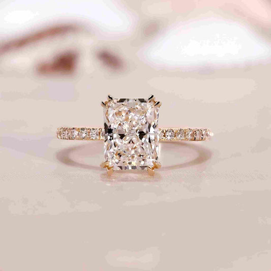 18k Gold Lab Grown Diamond CVD 2CT Crushed Ice Radiant-Cut Hidden Halo Diamond Engagement Ring