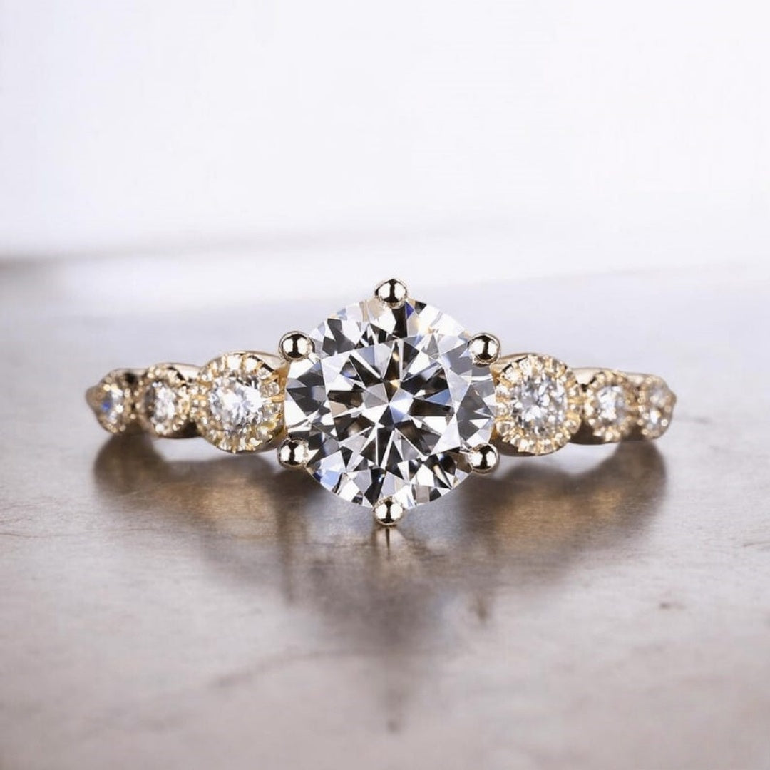 18K Gold Lab Grown Diamond CVD 1.5CT Round-Cut Six-Prong Two-Tone Anniversary Ring
