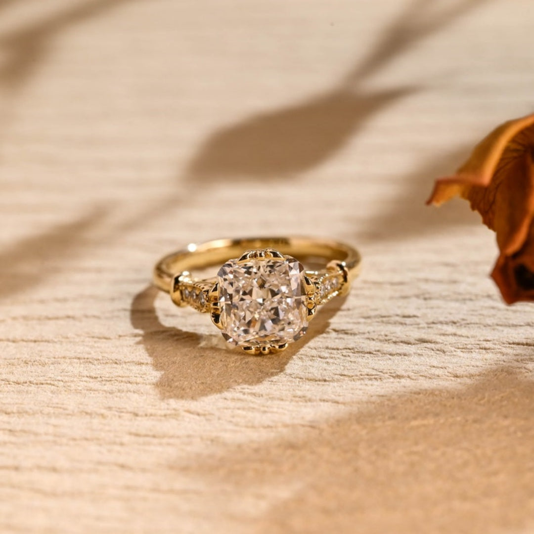 18k Gold Lab Grown Diamond CVD 2CT Cushion Filigree Milgrain Vintage Proposal Ring
