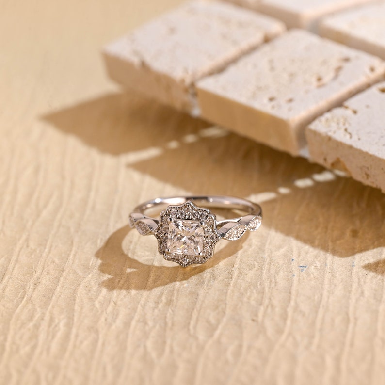 10K Gold Lab Grown Diamond CVD 1CT Princess-Cut Halo Antique Filigree Milgrain Proposal Ring