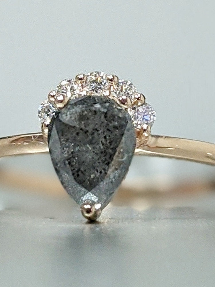 18k Gold Raw Salt and Pepper Diamond 1CT Pear-Cut Unique Engagement Ring