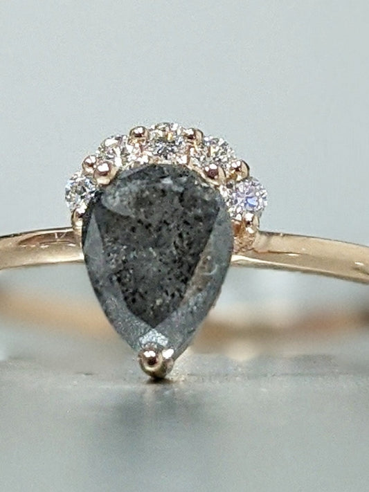 18k Gold Raw Salt and Pepper Diamond 1CT Pear-Cut Unique Engagement Ring