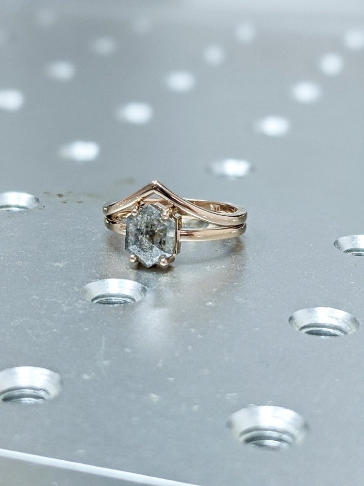 18k Gold Raw Salt and Pepper Diamond Unique  Hexagon Custom Handmade Engagement Ring